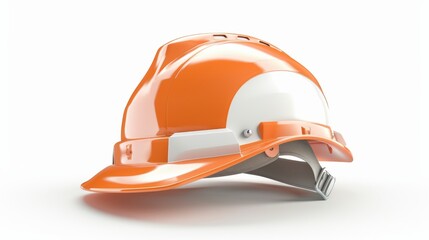 Orange and white construction hard hat on white background, safety equipment concept