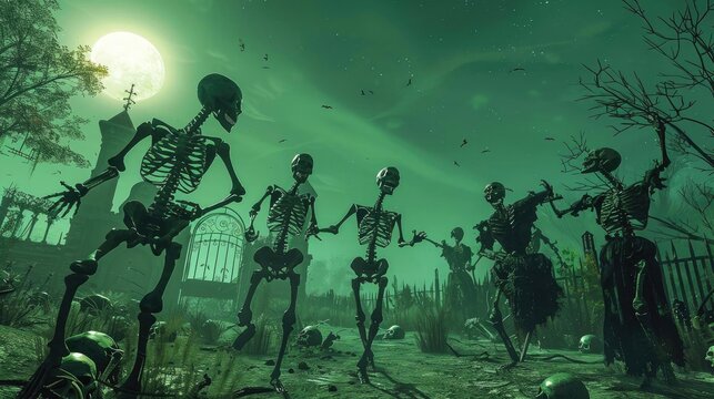 Haunting scene of dancing skeletons in a spooky graveyard under a full moon with eerie green light and flying bats.