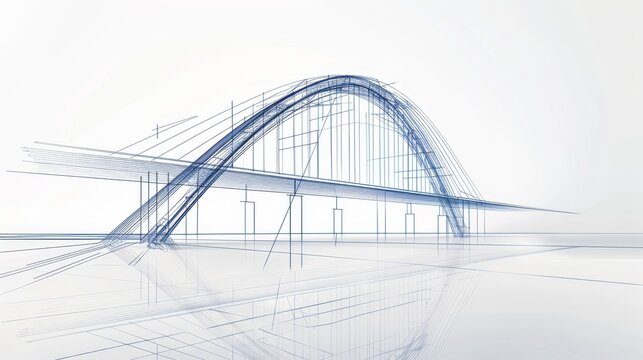 Blueprint sketch style of a modern bridge, detailed architectural drawing, clear lines, professional and technical construction