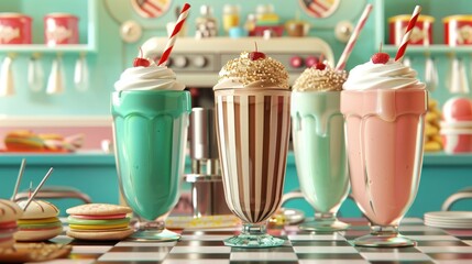 Colorful milkshakes with whipped cream and cherries in a retro diner setting, showcasing vibrant colors and a nostalgic atmosphere.