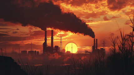 Fototapeta premium A dramatic, fiery sunset silhouettes an industrial plant with smoke stacks, juxtaposing nature's beauty with industrial impact.