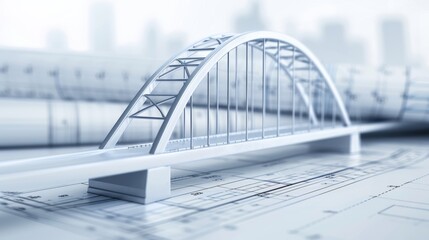 Fototapeta premium Detailed 3D model of a modern bridge, metal hues, displayed with building blueprints, intricate and innovative, striking contrast