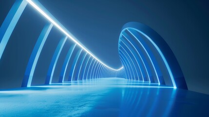 Detailed 3D model of bridge architecture, blue light illumination, modern design, intricate structural elements, futuristic and dynamic