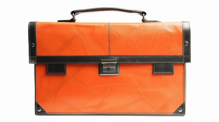 Orange leather briefcase with black accents on white background