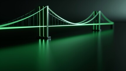 Green neon-lit bridge model, dark backdrop, 3D rendering, intricate blueprint style, striking and modern design