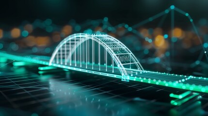 Obraz premium Futuristic bridge model in 3D, illuminated with green neon lights, dark background, intricate blueprint details, striking and contemporary