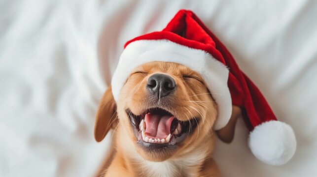 Happy smiling dog wearing a Christmas hat lying on the bed
