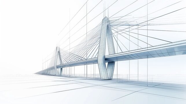 Modern bridge architecture in blueprint sketch style, detailed construction elements, clear lines, professional and technical drawing