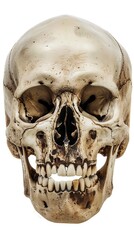 Obraz premium Human skull isolated on white background, frontal view. Anatomy study and halloween concept