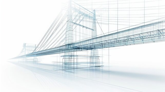 Modern bridge architecture in blueprint sketch style, detailed construction elements, clear lines, professional and technical drawing