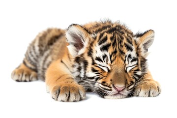 Fototapeta premium Cute tiger cub sleeping with red heart on white background