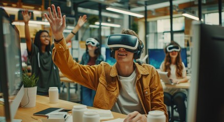 Team of young professionals enjoying a virtual reality experience in a modern office setting