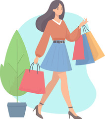 Lady with shopping bags flat vector illustration