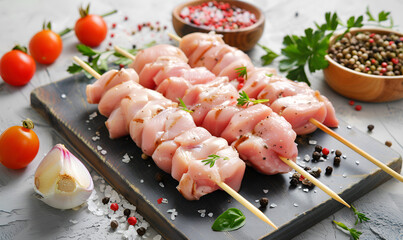  Chicken shish kebab or skewers kebab on wooden board, spices, herbs vegetables.