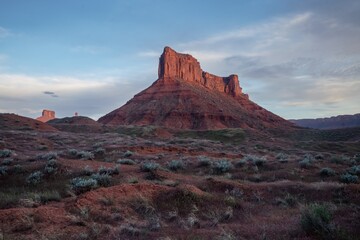 Canyon, green trees and buttes at sunrise in Moab, Utah, United States of America.