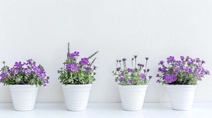 Pots with purple flowers against white backdrop