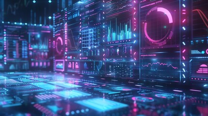 Futuristic data analytics dashboard with neon lights showcasing high-tech digital interfaces and processing visuals.