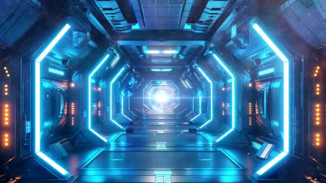 Futuristic Spaceship Corridor with Blue Lights video animation background Seamless looping time-lapse 4k quality