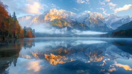 Magnificent Mountain Range Reflected in Serene Alpine Lake at Sunrise