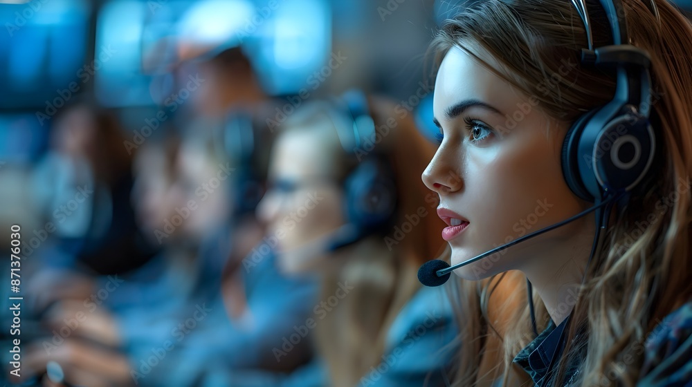 Poster customer service agents in a dynamic call center focused on communication and support for business a