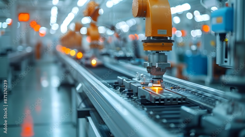 Poster busy factory floor with automated machinery manufacturing efficiency and business workflow concept