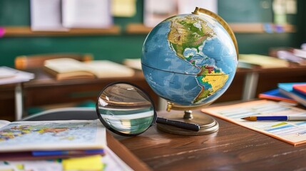 Close-up of a globe and magnifying glass on a desk in a classroom, symbolizing education, geography, and global learning.