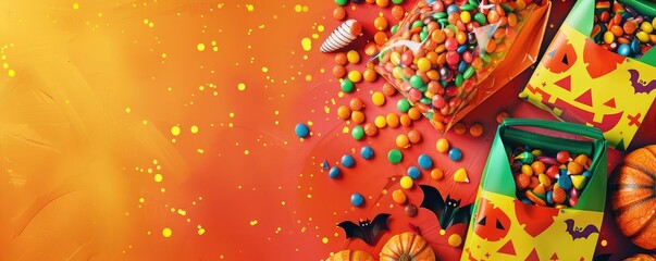Colorful Halloween candy assortment with festive decorations. Ideal for holiday, celebration, and seasonal themes in vibrant styles.