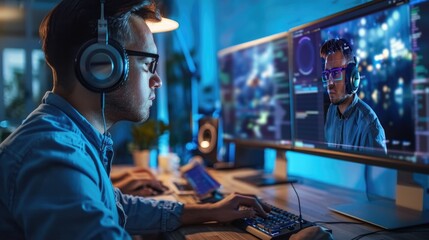 A man is engulfed in a futuristic virtual reality experience with augmented reality overlays and digital data visuals AIG62