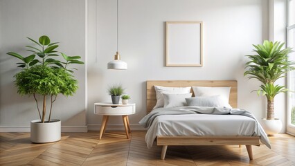 Minimalist empty white template poster with modern elegant bedroom interior featuring wooden table and lush green potted plant decoration.