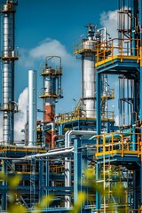 A large industrial building with many tanks and pipes. The tanks are white and yellow.