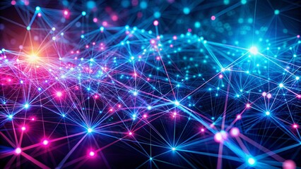 Obraz premium Vibrant blue and pink glowing data connections illuminate a futuristic complex network visualization, showcasing technological advancement and innovation.
