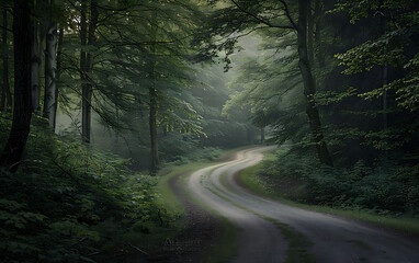 Obraz premium Empty asphalt road in the green coniferous forest.