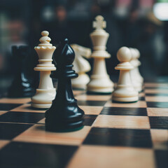 Closeup view of a chess game in progress with a selective focus on the pieces, showcasing strategy and concentration