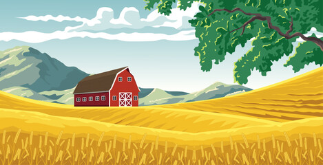 view of wheat fields and farmhouse, beautiful mountains in the background, tree branches spreading over the field area