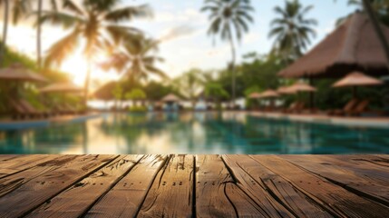Wooden table against blurry resort backdrop