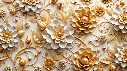 3d wallpaper, ornamental luxury golden flowers illustration 3D