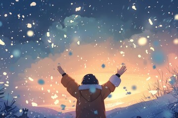 Naklejka premium a character sitting on a hilltop at sunset, hands raised to the sky in peaceful contemplation. Soft colors of the setting sun, Generative AI