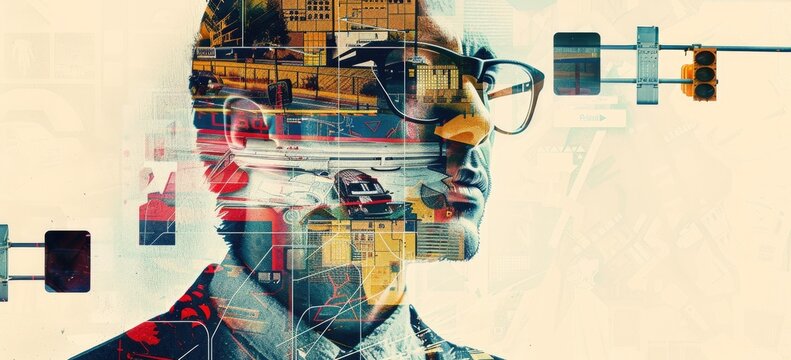 The image shows a man wearing glasses with a city scape and colorful lines overlapping his face. The man is looking to the right of the frame, which is an angle that conveys confidence. He is also