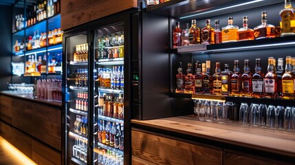 A sleek, modern bar setup showcasing various alcoholic beverages, with efficient storage systems and digital tools for inventory management