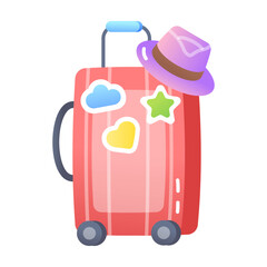 A flat style icon of travel bag with a hat on it 