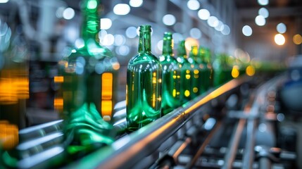 Advanced robotic system sorting and packaging glass bottles on a conveyor belt, optimized for speed and quality control