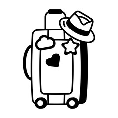 A glyph style icon of travel bag with a hat on it 