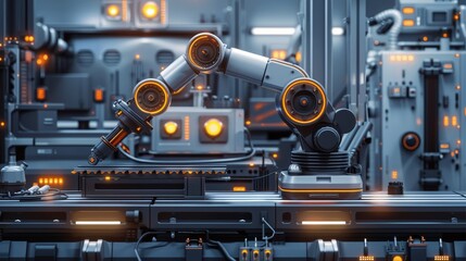 Fototapeta premium AI-controlled robot performing technical maintenance on industrial machinery, detailed gears and instruments highlighted