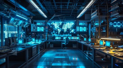 Fototapeta premium Advanced scientific equipment setup with complex apparatus, glowing screens, and intricate gears, futuristic lab environment