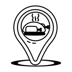 Food with navigation pin denoting restaurant location, glyph icon 