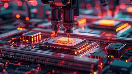 Automated assembly line with robotic arms constructing microchips, detailed machinery, futuristic factory setting, vibrant lighting