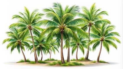 Fototapeta premium Exquisite palm and coconut tree vector illustration set on pure white background conveying serenity, luxury, and sophistication in nature's elegance.