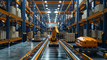 Automated robotic warehouse sorting packages, efficient logistics system, organized storage, advanced machinery, modern design