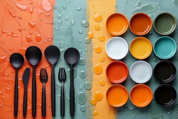A variety of colorful bowls and utensils are arranged on a table