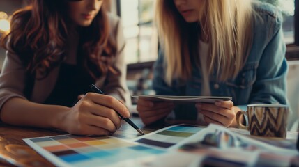 Fototapeta premium Close-Up of Women Choosing Wall Color Samples with Interior Designer